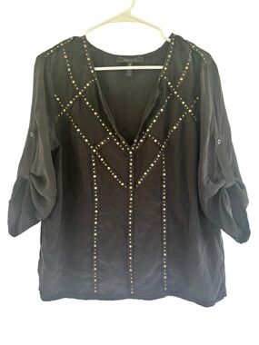 BCBG Maxazria Women's V-Neck Black Oversized Top w/ Gold Studded Details Size L